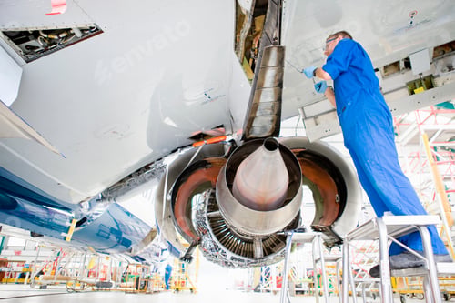 Preview: Wide Shot Of An Engineer Working Under The Wing Of A Passenger Jet At A Hangar.