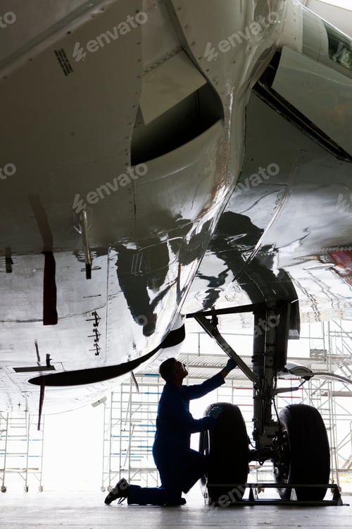 Preview: Vertical Shot Of An Engineer Inspecting The Landing Gear Of A Passenger Jet At A Hangar.