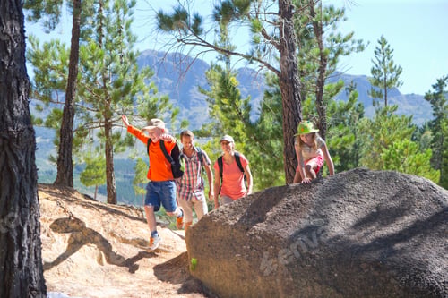 Preview: Wide Shot Of A Couple And Their Children Hiking Across A Mountainous Path.