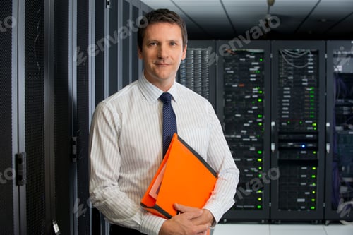 Preview: Portrait Shot Of A Manager With A File Standing In A Server Room.