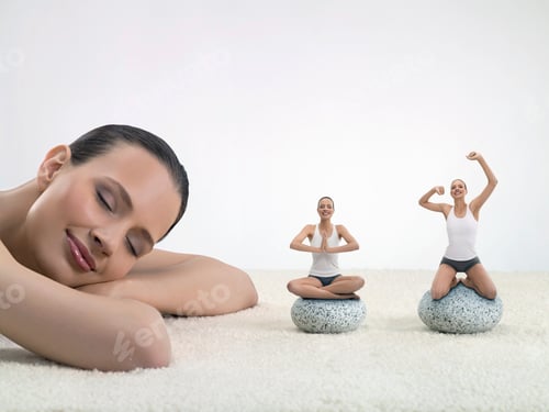 Preview: Portrait Of Young Woman Asleep Next To Young Women Practicing Yoga, Digital Composite