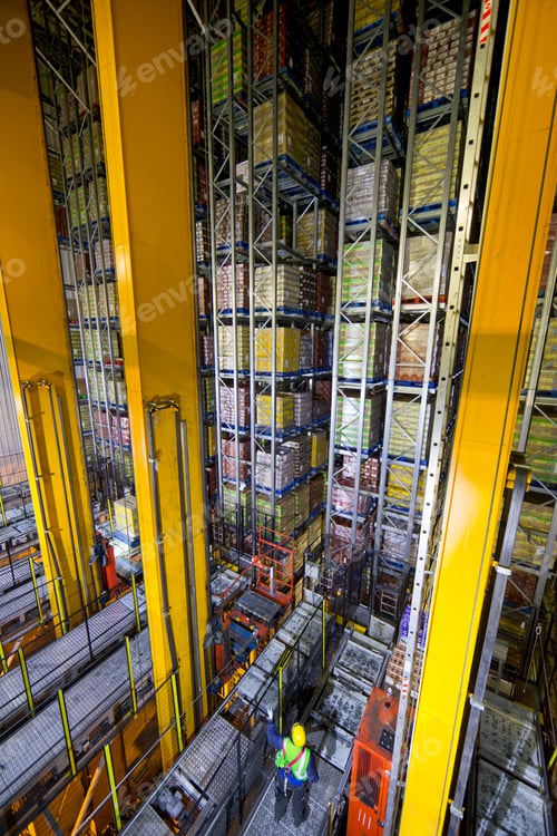 Preview: Worker Standing Below Foodstuffs Merchandise That Is Stored In A Warehouse With An Automated