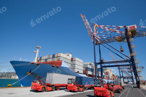 Preview: Wide Shot Of Dockyard With Lorries Carrying Cargo Containers Unloaded From The Moored Ship