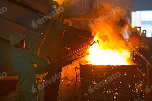 Preview: Worker In Protective Clothing Pouring Molten Metal In Foundry