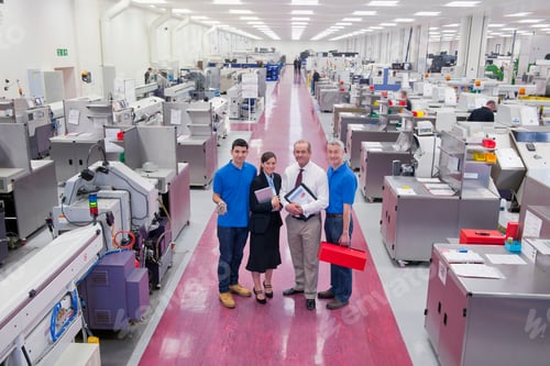 Preview: Wide Shot Of Business People And Engineers With A Machine Part And Toolbox Standing In The Aisle Of