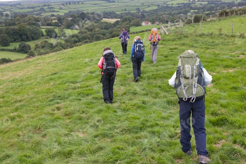 Preview: Wide Shot Of The Backside Of A Group Of Girls With Backpacks Walking Across A Green Field.
