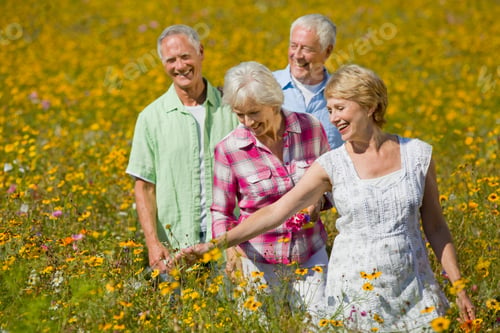 Preview: Medium Shot Of A Group Of Elderly People Gazing At Flowers While Walking Across A Meadow Full Of
