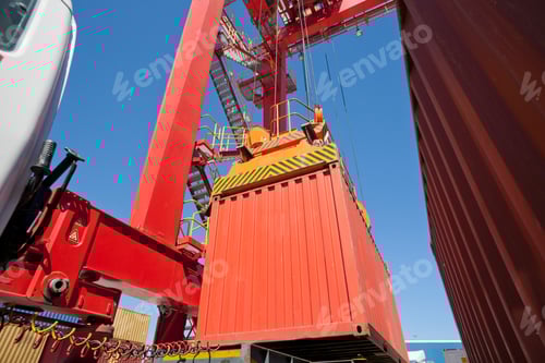 Preview: Close Up Of Cargo Container Loaded On A Lorry At A Commercial Dock