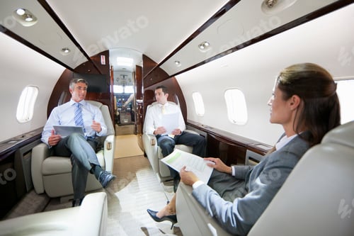 Preview: Business Employees Having A Meeting While Sitting In A Private Jet