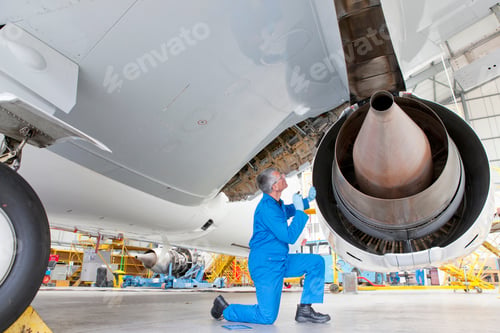 Preview: Engineer In Uniform Inspecting The Wing Flap Of A Passenger Jet At A Hangar.