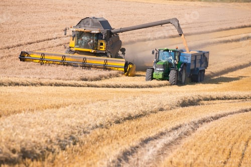 Preview: Combine Harvester Running Alongside A Tractor To Harvest Wheat In A Rural Field.