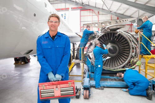 Preview: Team Of Aero Engineers Working On Aircraft In Hangar