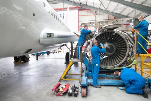 Preview: Wide Shot Of Engineers Assembling An Engine Of A Passenger Jet At A Hangar.