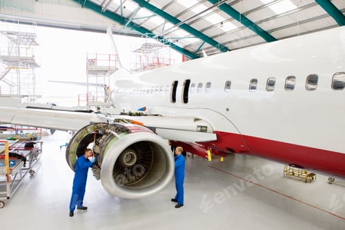 Preview: Wide Shot Of Engineers Assembling An Engine On A Passenger Jet At A Hangar.