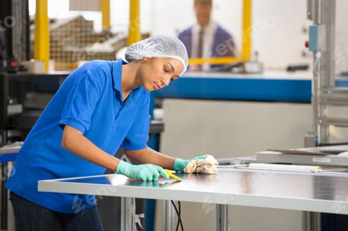 Preview: Technician Worker Cleaning And Checking Newly Manufactured Solar Panels On Production Line