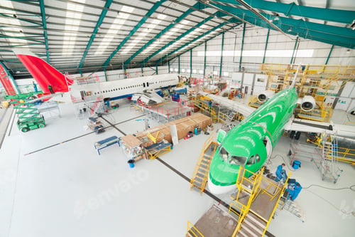 Preview: Wide Shot Of A Hangar With Engineers Assembling Passenger Jets.
