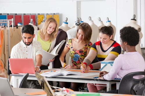 Preview: A Group Of Multi-Ethnic Design Students Working Together In A Classroom With Mannequins In The