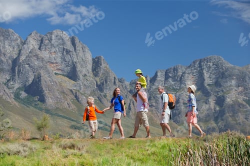 Preview: Multi Generations Of A Family Hiking On A Mountain Path