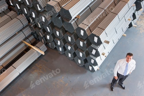 Preview: Top View Portrait Of Businessman Standing Near Steel Tubes In Warehouse