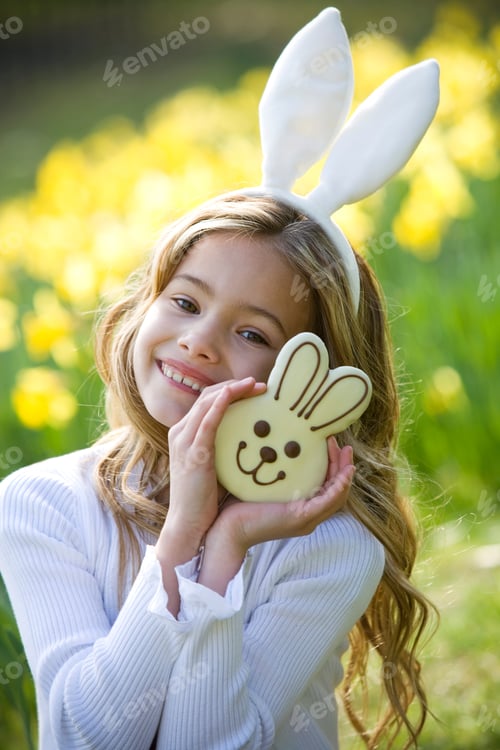 Preview: A Young Girl Holding A Chocolate Bunny, Wearing Bunny Ears