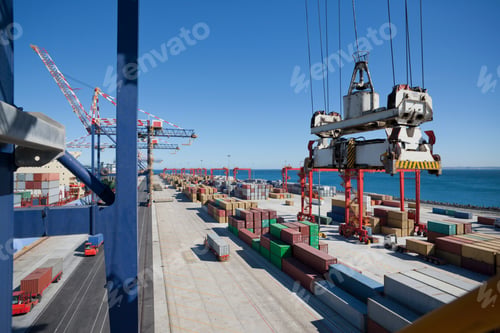 Preview: Wide Shot Of Rows Of Cargo Containers Stacked At A Dockyard Using Gantry Cranes