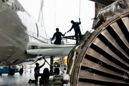 Preview: Engineers Assembling The Wing Of A Passenger Jet At A Hangar.