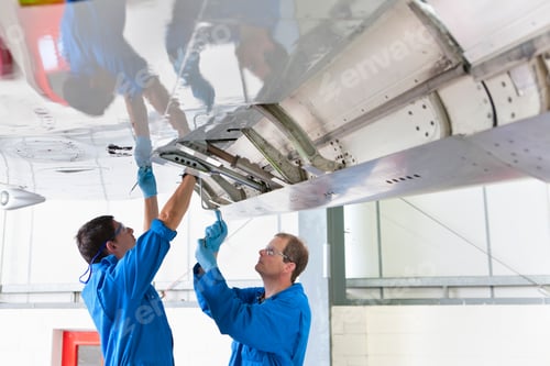Preview: Medium Shot Of Engineers Repairing The Wing Flap Of A Passenger Jet At A Hangar.