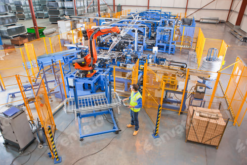 Preview: Workers Controlling Robotic Machinery Lifting Steel Fencing In Manufacturing Plant