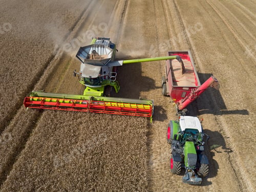 Preview: Aerial View Of Combine Harvester Harvesting Wheat And Filling Tractor Trailer With Grain