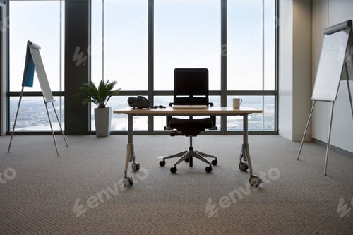 Preview: A Wide View Of A Desk And Chair In Office In Front Of Whiteboard And Window.