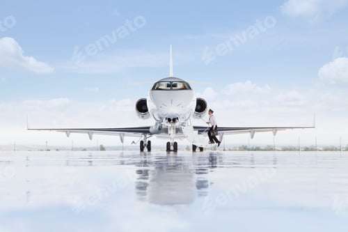 Preview: A Wide Shot Of Pilot Boarding A Private Jet On A Runway.