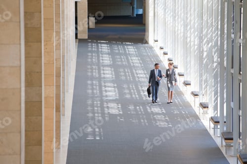 Preview: Wide Shot Of Business Employees Walking In The Lobby Of A Modern Office
