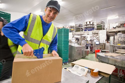 Preview: Portrait Of A Smiling Worker Taping Box In A Food Processing Plant