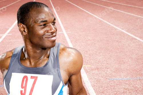 Preview: Portrait Of A Male Athlete Resting Sitting On A Running Track
