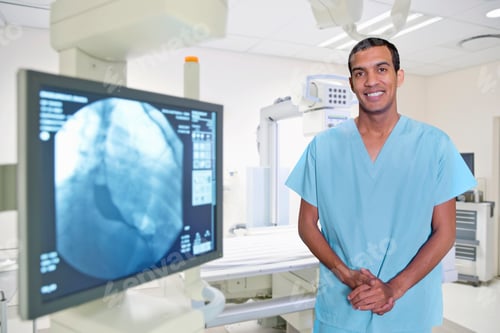 Preview: Portrait Of Male Radiologist In Hospital Standing Next To X Ray Displayed On Screen