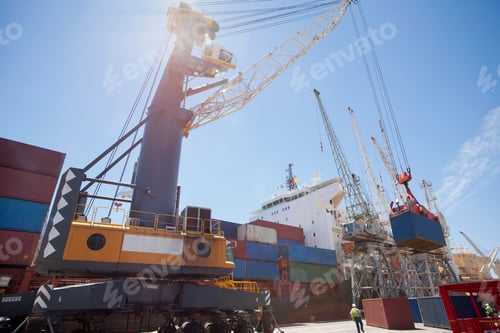 Preview: Wide Shot Of A Huge Crane Unloading Containers From The Ship