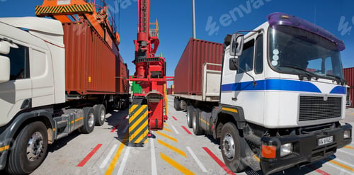Preview: Close Up Of Two Lorries Carrying Cargo Containers From A Dockyard