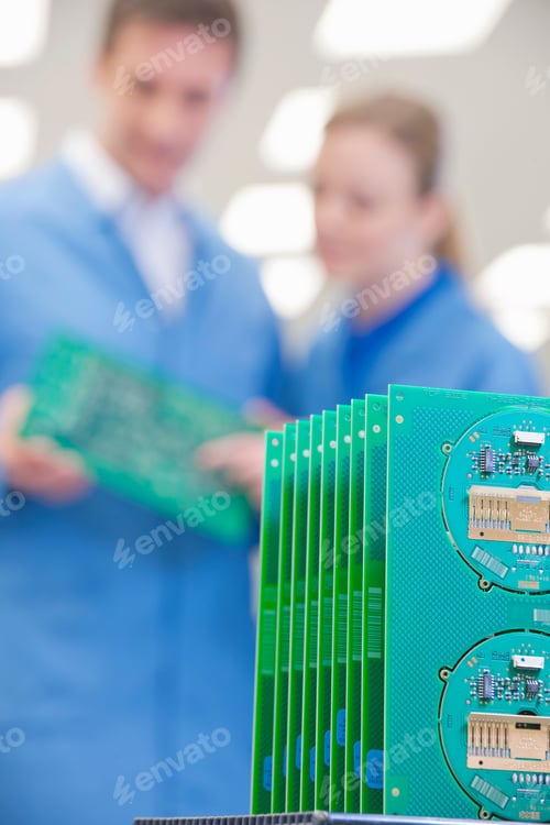 Preview: Vertical Close-Up Shot Of Multiple Printed Circuit Boards With Engineers In The Background.