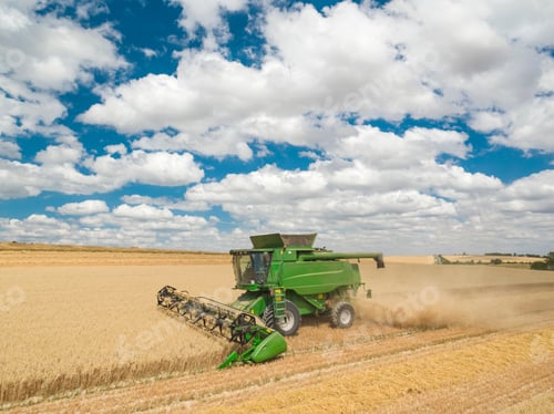 Preview: Harvest Aerial Of Combine Harvester Cutting Summer Oats Field Crop Under Blue Sky On Farm