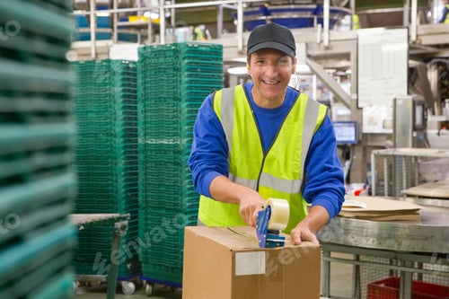 Preview: Portrait Of A Smiling Worker Taping Box In A Food Processing Plant
