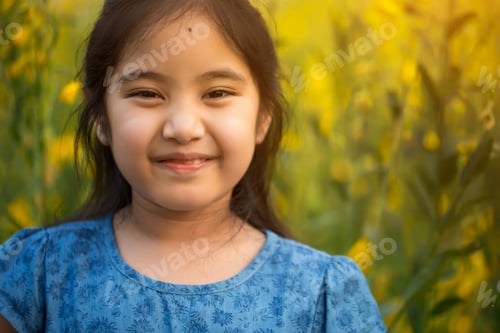 Preview: Portrait Of Happy Asian Girl Smiling In The Flower Field, Freedom Concept