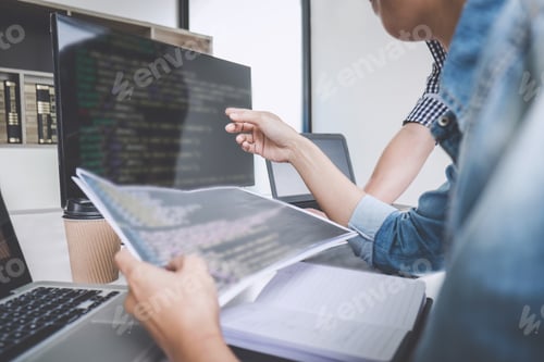 Preview: Writing Codes And Typing Data Code Technology, Programmer Cooperating Working On Web Site Project
