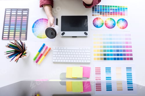 Preview: Image Of Female Creative Graphic Designer Working On Color Selection And Drawing On Graphics Tablet