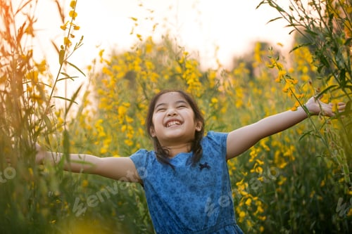 Preview: Happy Asian Girl Feeling Freedom In The Flower Field, Freedom Concept