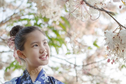 Preview: Attractive Asian Girl Wearing Kimono Looking Cherry Blossoms In The Garden