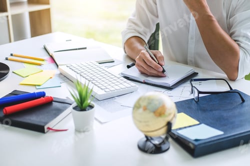 Preview: Businessman Working Writing Business Plan Document And Graphic Designer With Computer In Office.