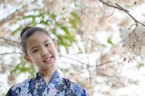 Preview: Attractive Asian Girl Wearing Kimono Looking Cherry Blossoms In The Garden