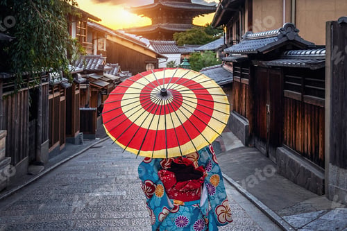 Preview: Woman Wearing Japanese Traditional Kimono With Umbrella At Yasaka Pagoda And Sannen Zaka Street In