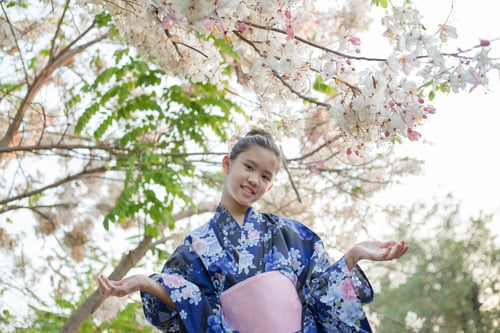 Preview: Attractive Asian Girl Wearing Kimono Looking Cherry Blossoms In The Garden