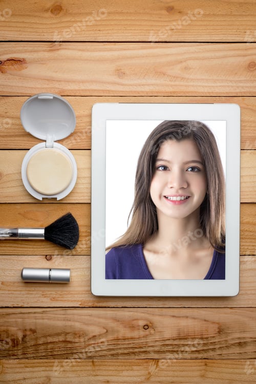 Preview: Beautiful Asian Woman On Tablet Screen With Cosmetic, Beauty Concept